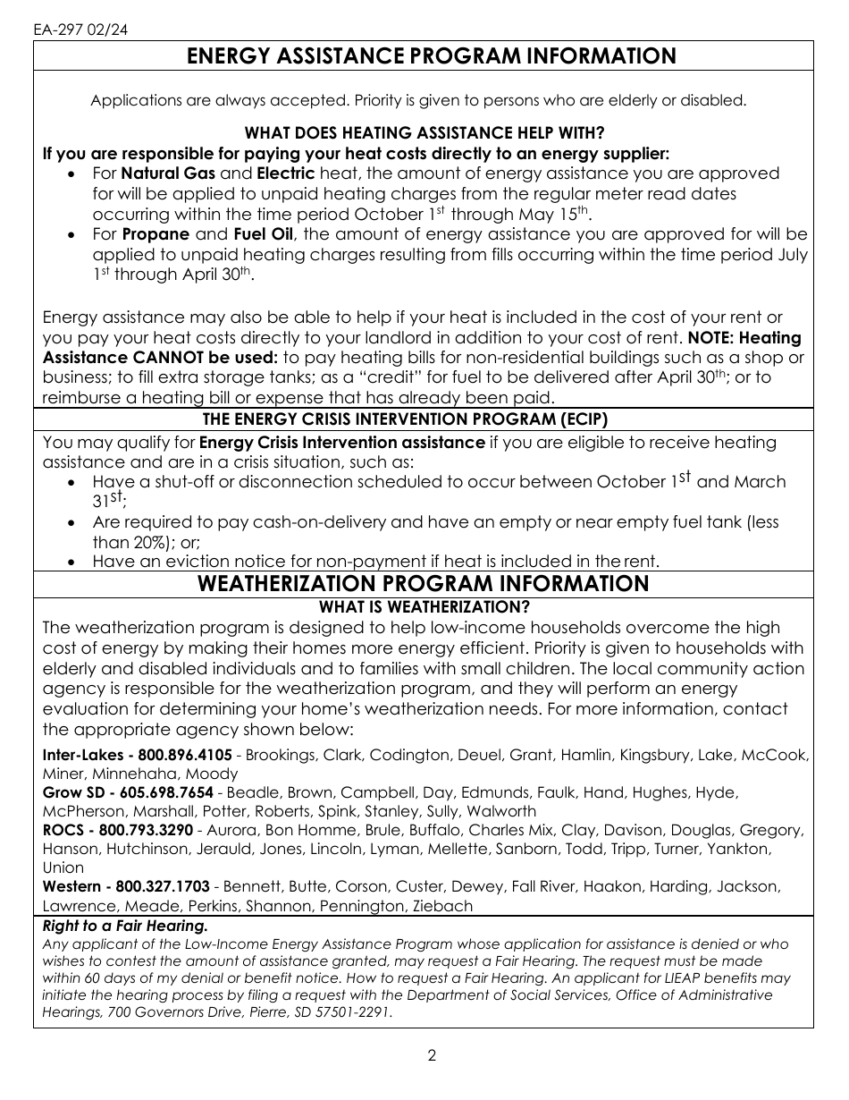 Form EA-297 Application for Energy Assistance - South Dakota, Page 2