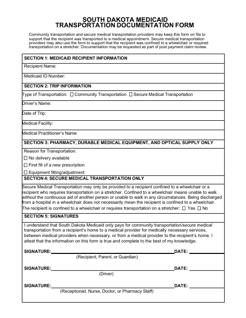 Form MS-118 South Dakota Medicaid Transportation Documentation Form - South Dakota