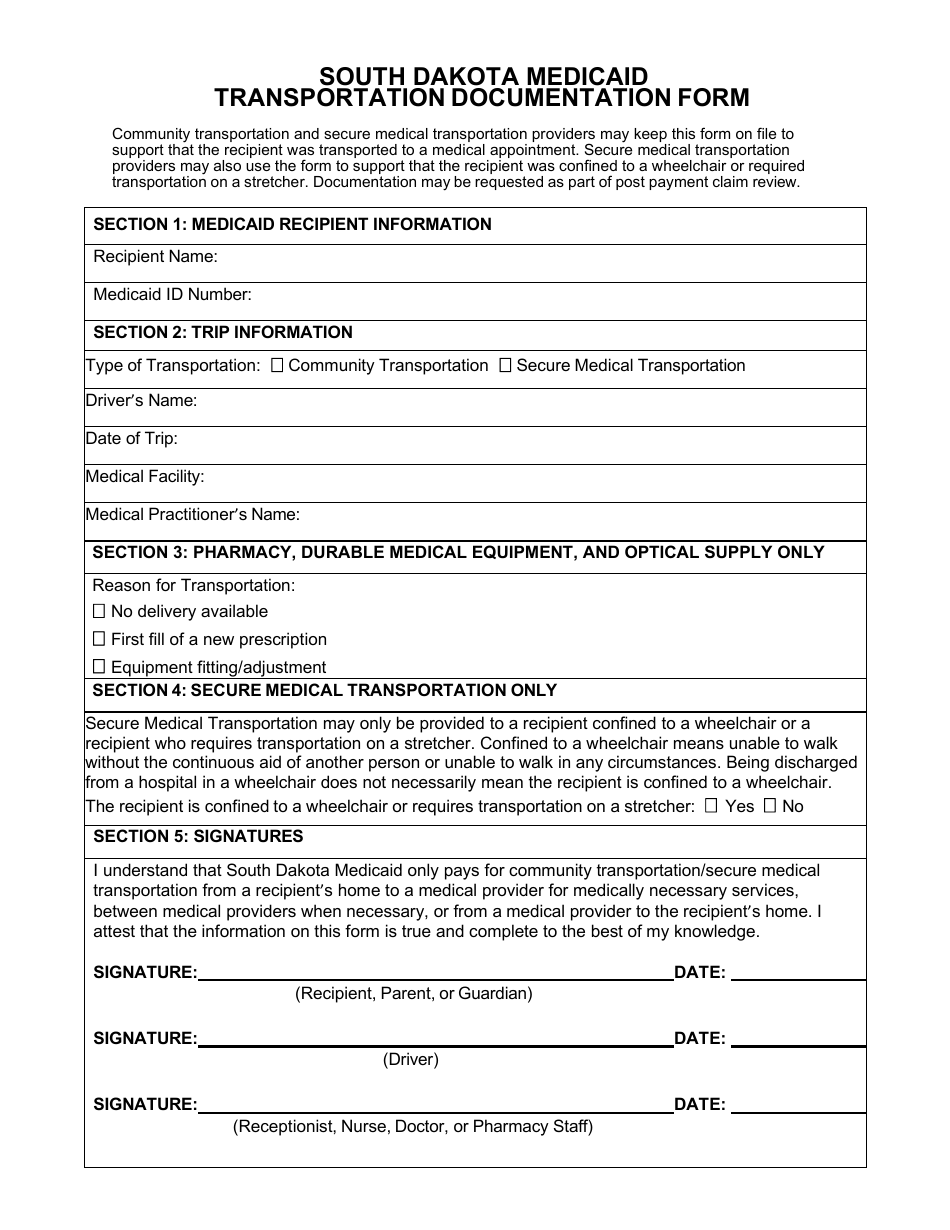 Form MS-118 South Dakota Medicaid Transportation Documentation Form - South Dakota, Page 1