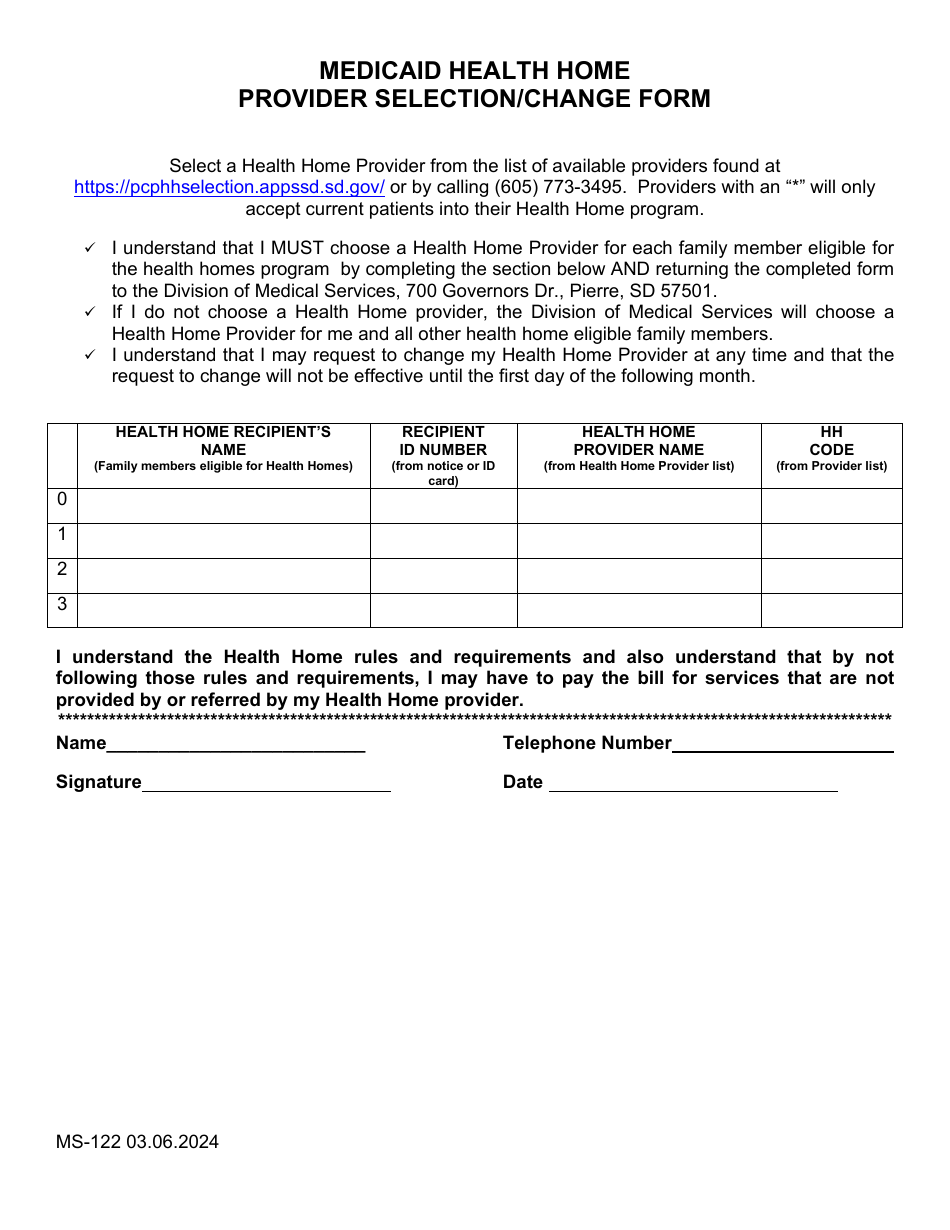 Form MS-122 Medicaid Health Home Provider Selection / Change Form - South Dakota, Page 1