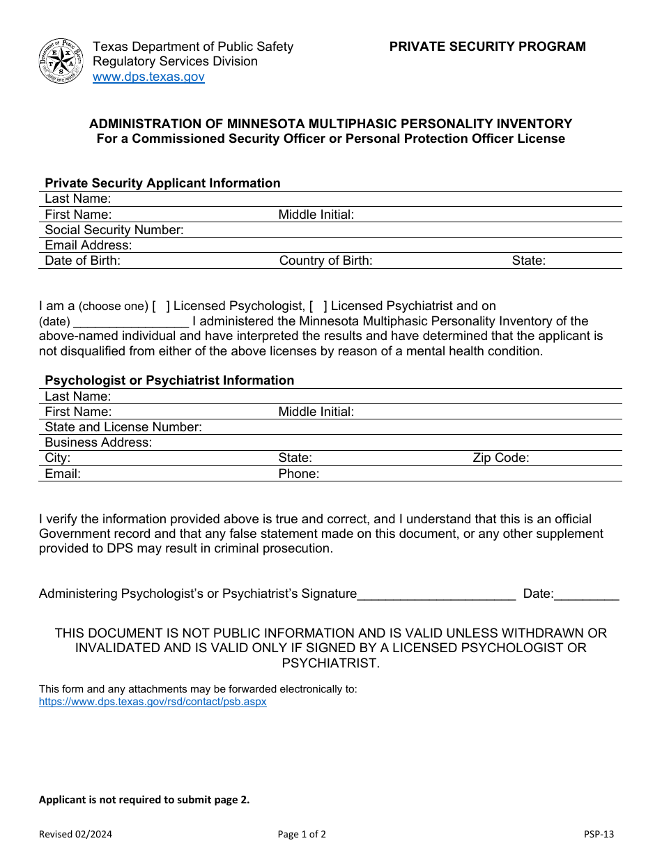 Form PSP-13 Administration of Minnesota Multiphasic Personality Inventory for a Commissioned Security Officer or Personal Protection Officer License - Private Security Program - Texas, Page 1