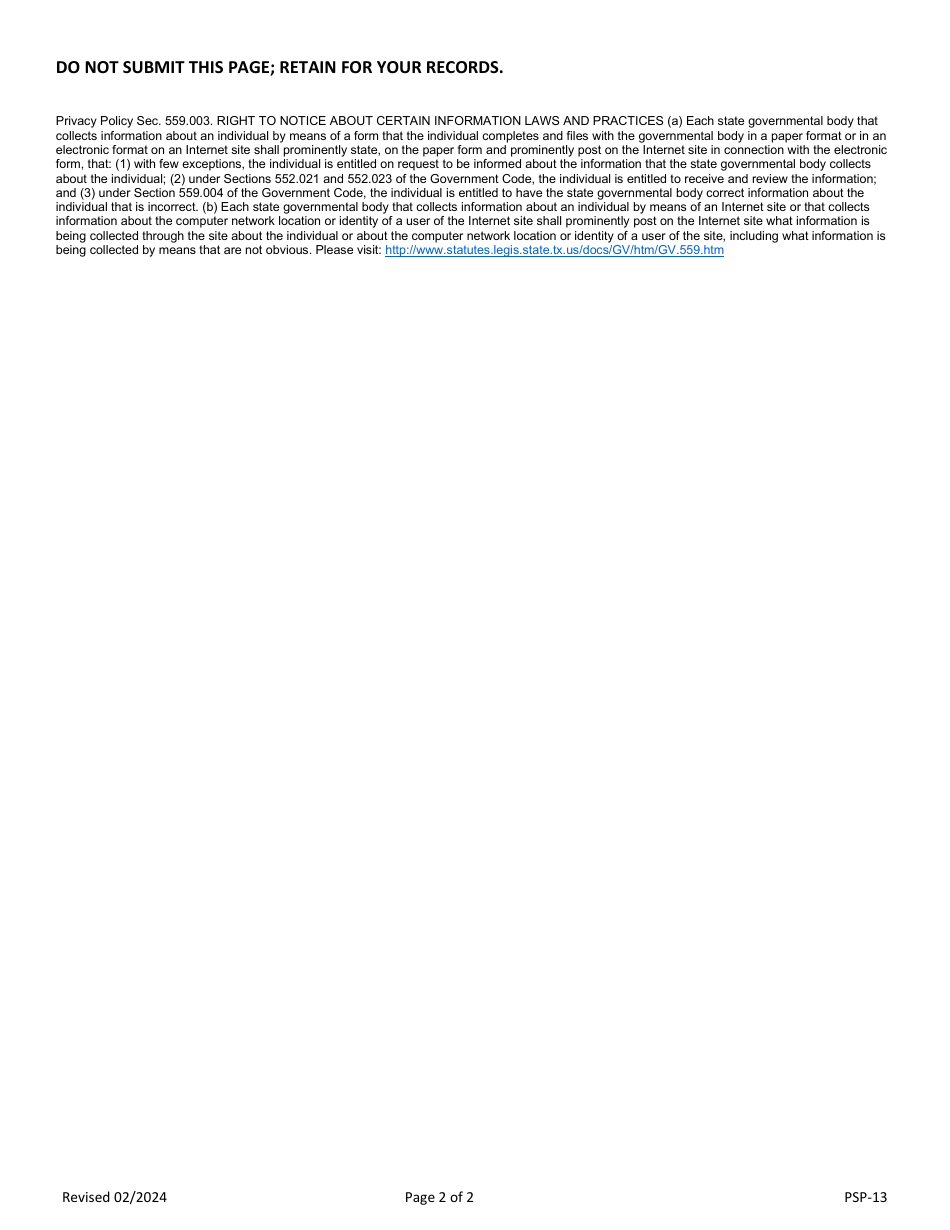 Form PSP-13 Administration of Minnesota Multiphasic Personality Inventory for a Commissioned Security Officer or Personal Protection Officer License - Private Security Program - Texas, Page 2