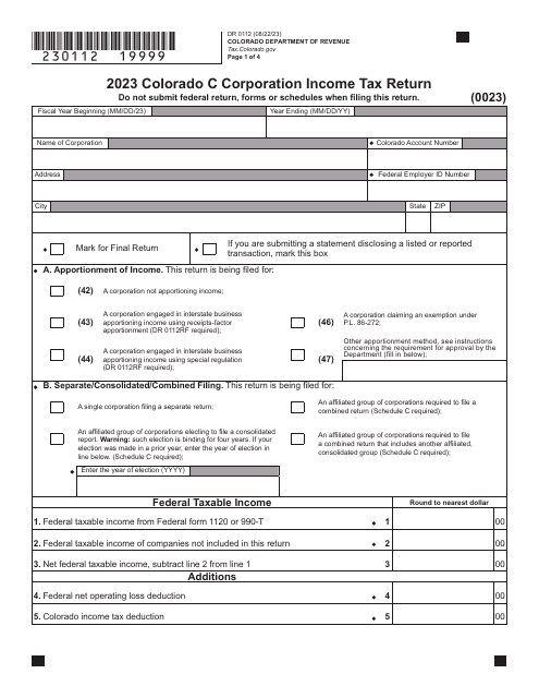 Form DR0112 Colorado C Corporation Income Tax Return - Colorado, 2023