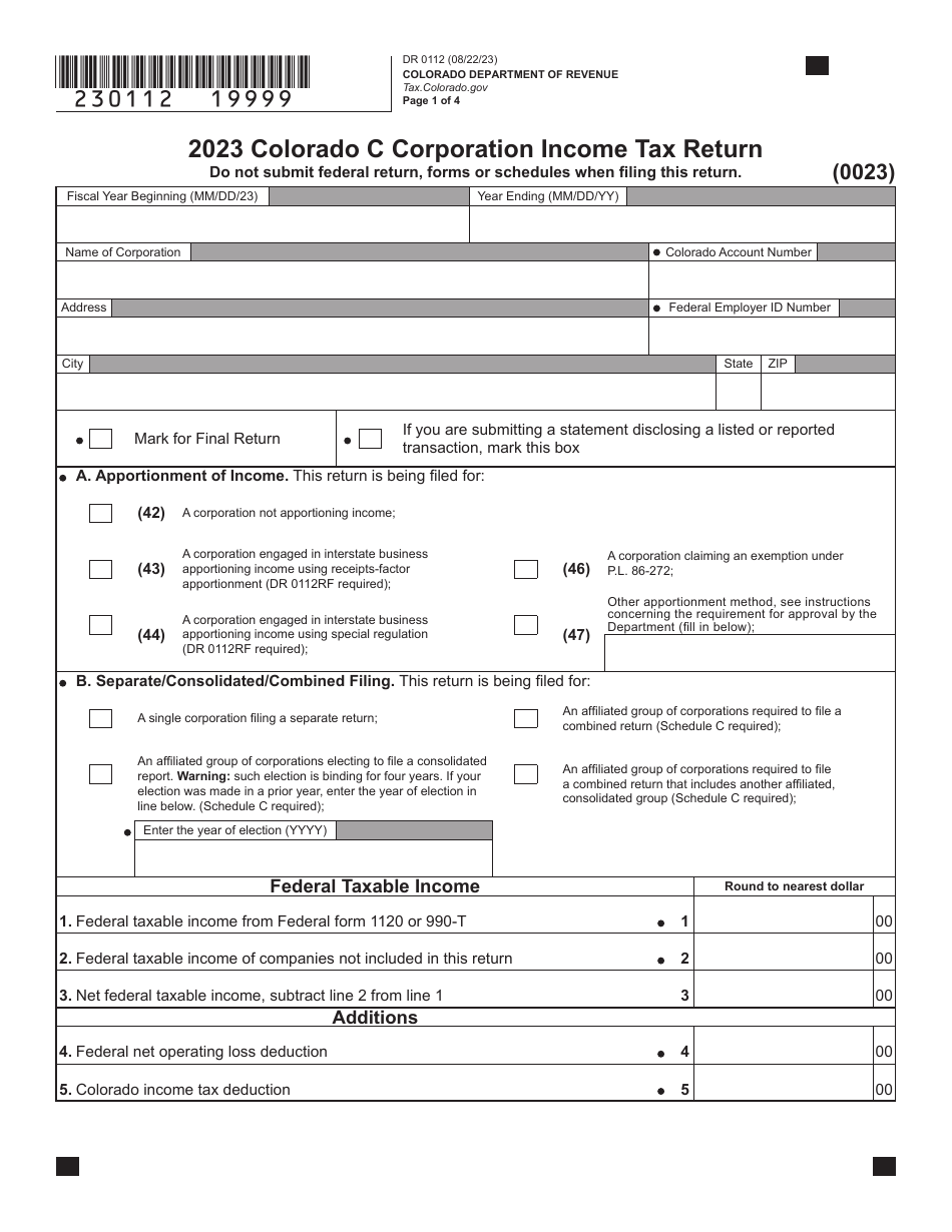 Form DR0112 Colorado C Corporation Income Tax Return - Colorado, Page 1