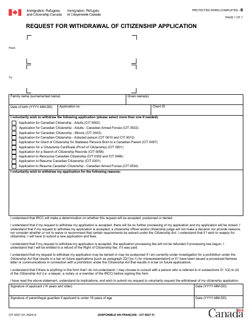 Form CIT0027 Request for Withdrawal of Citizenship Application - Canada