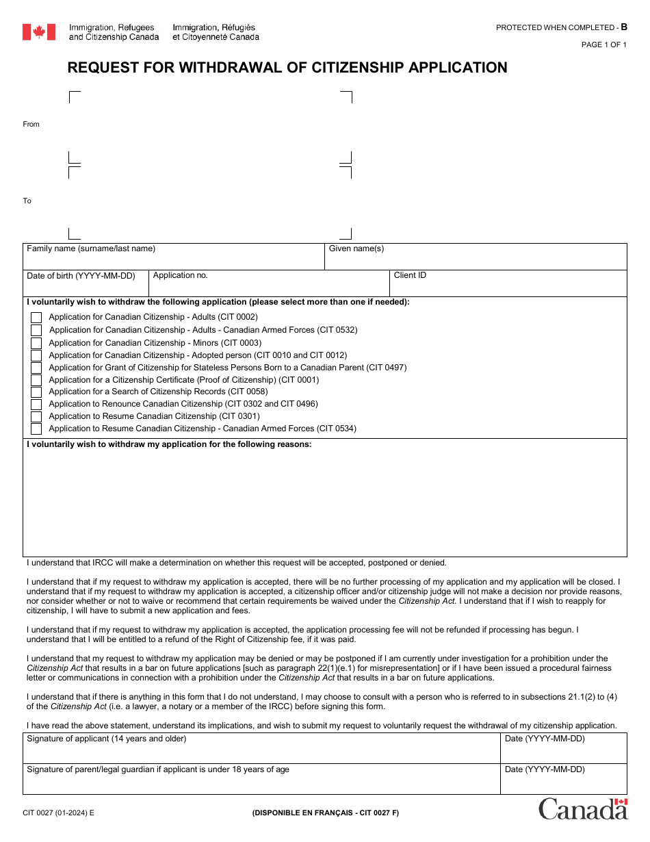 Form CIT0027 Request for Withdrawal of Citizenship Application - Canada, Page 1