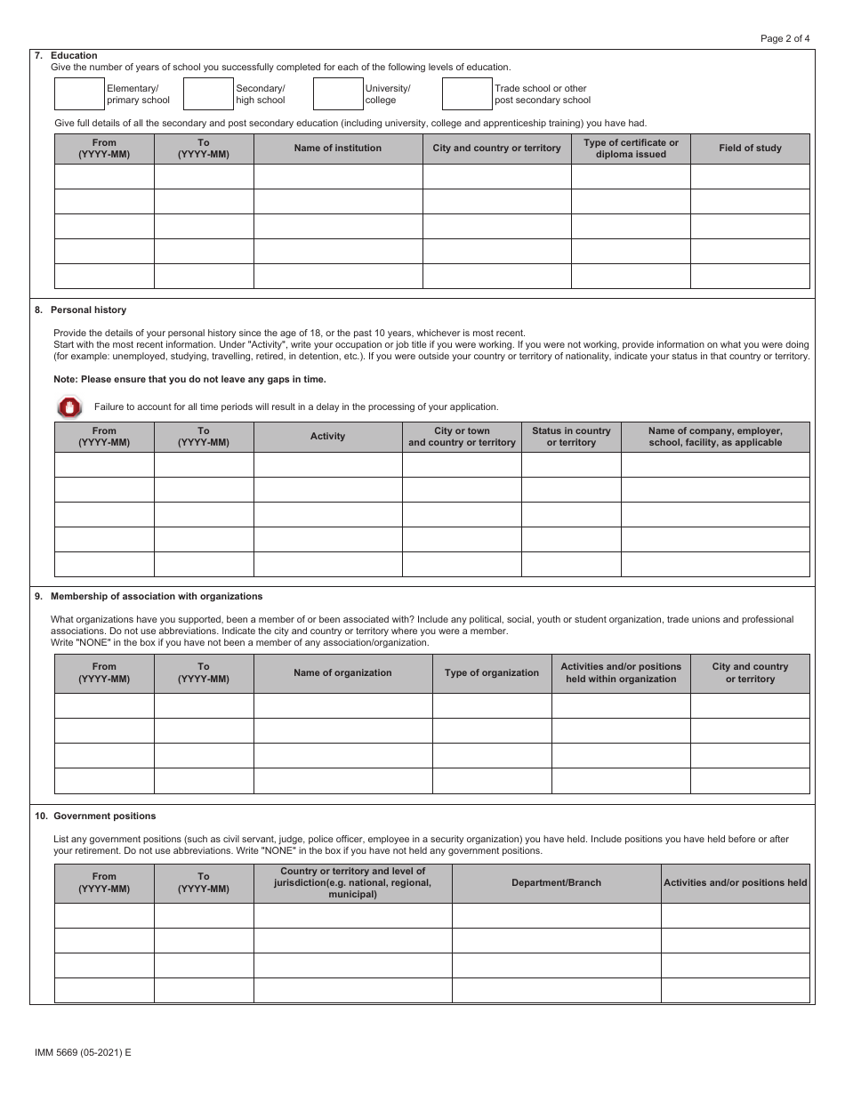 Form IMM5669 Schedule A Background / Declaration - Canada, Page 2