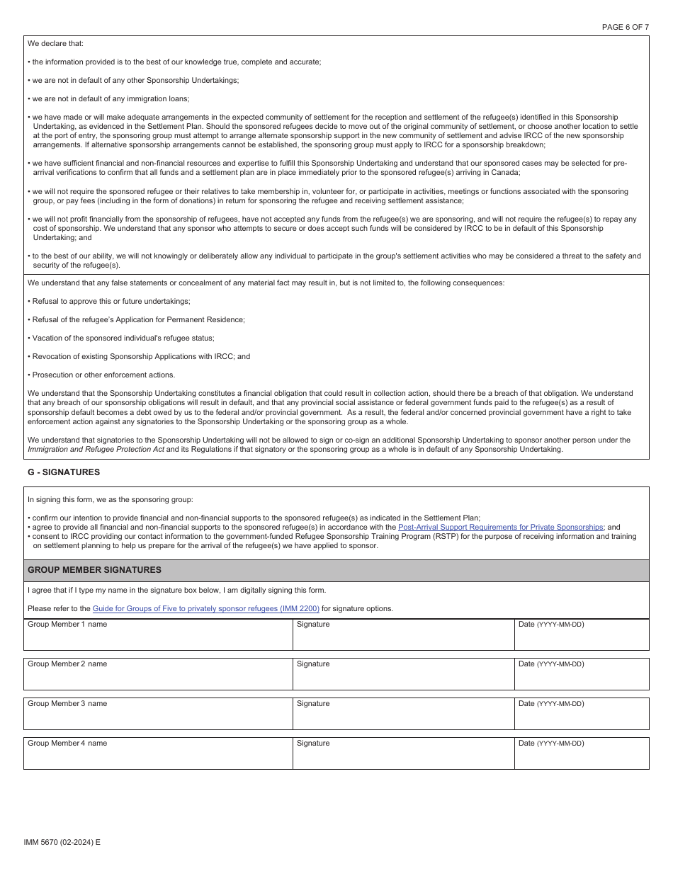 Form IMM5670 Sponsorship Undertaking and Settlement Plan - Groups of Five - Canada, Page 6