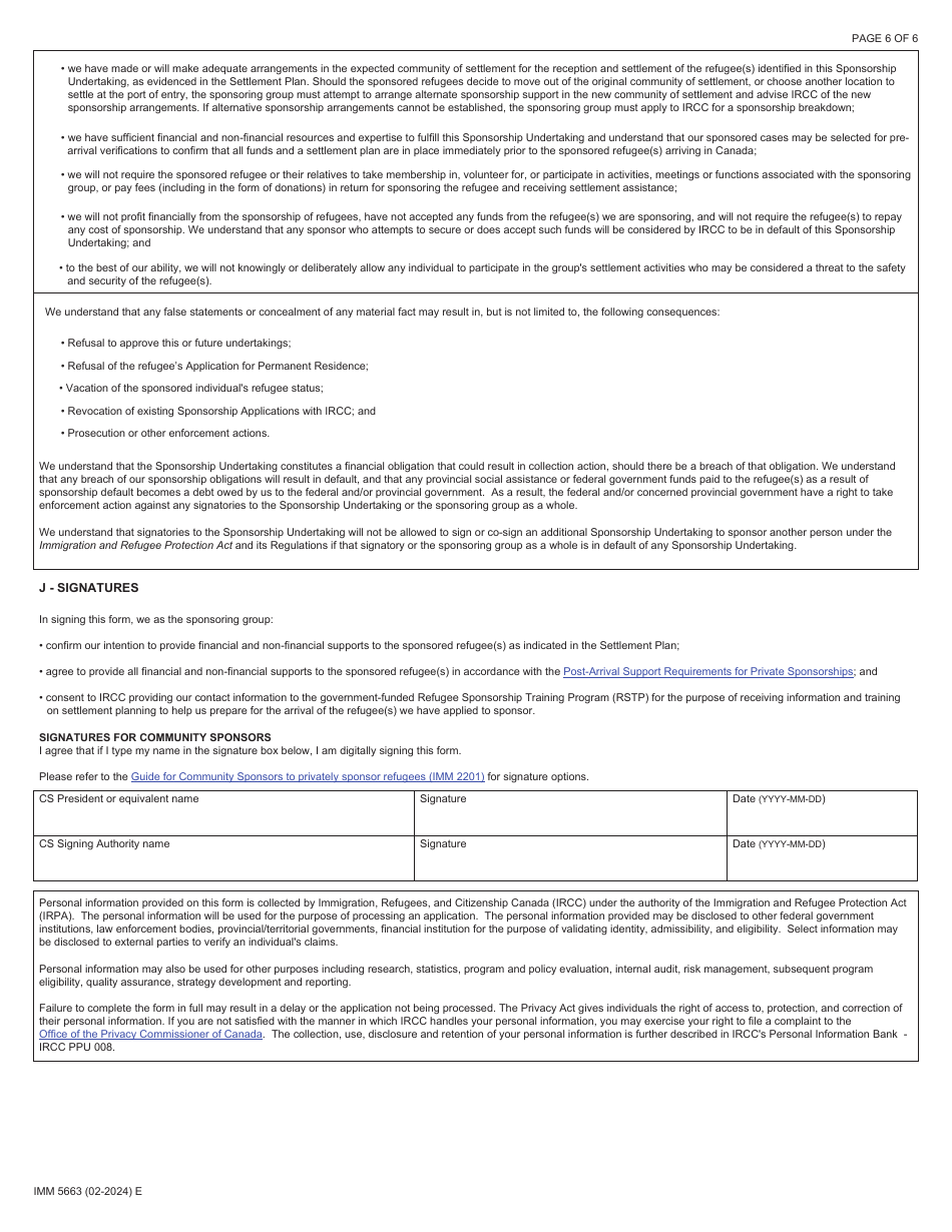 Form IMM5663 Sponsorship Undertaking and Settlement Plan - Community Sponsor (Cs) - Canada, Page 6
