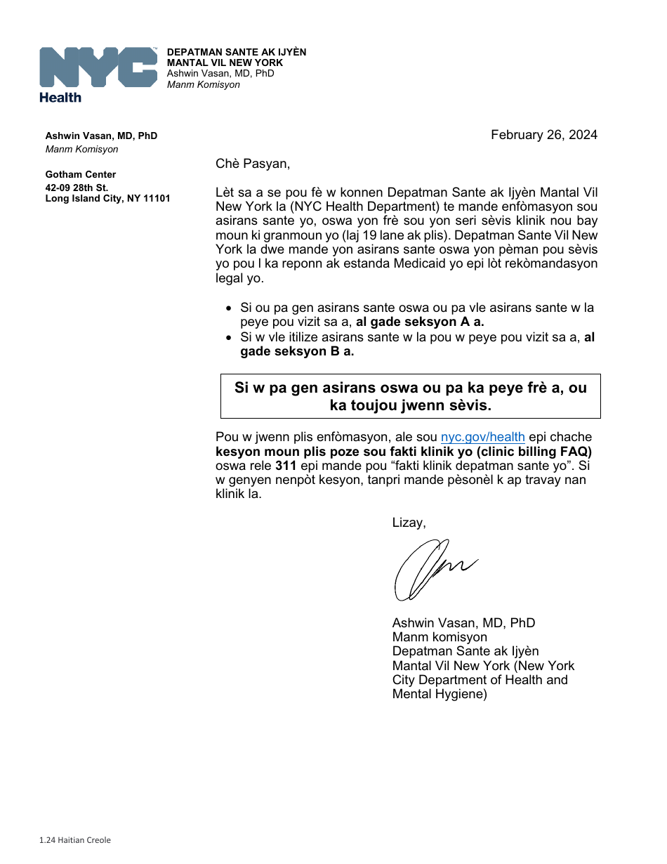 Clinic Fee Notification Letter - New York City (Haitian Creole), Page 1