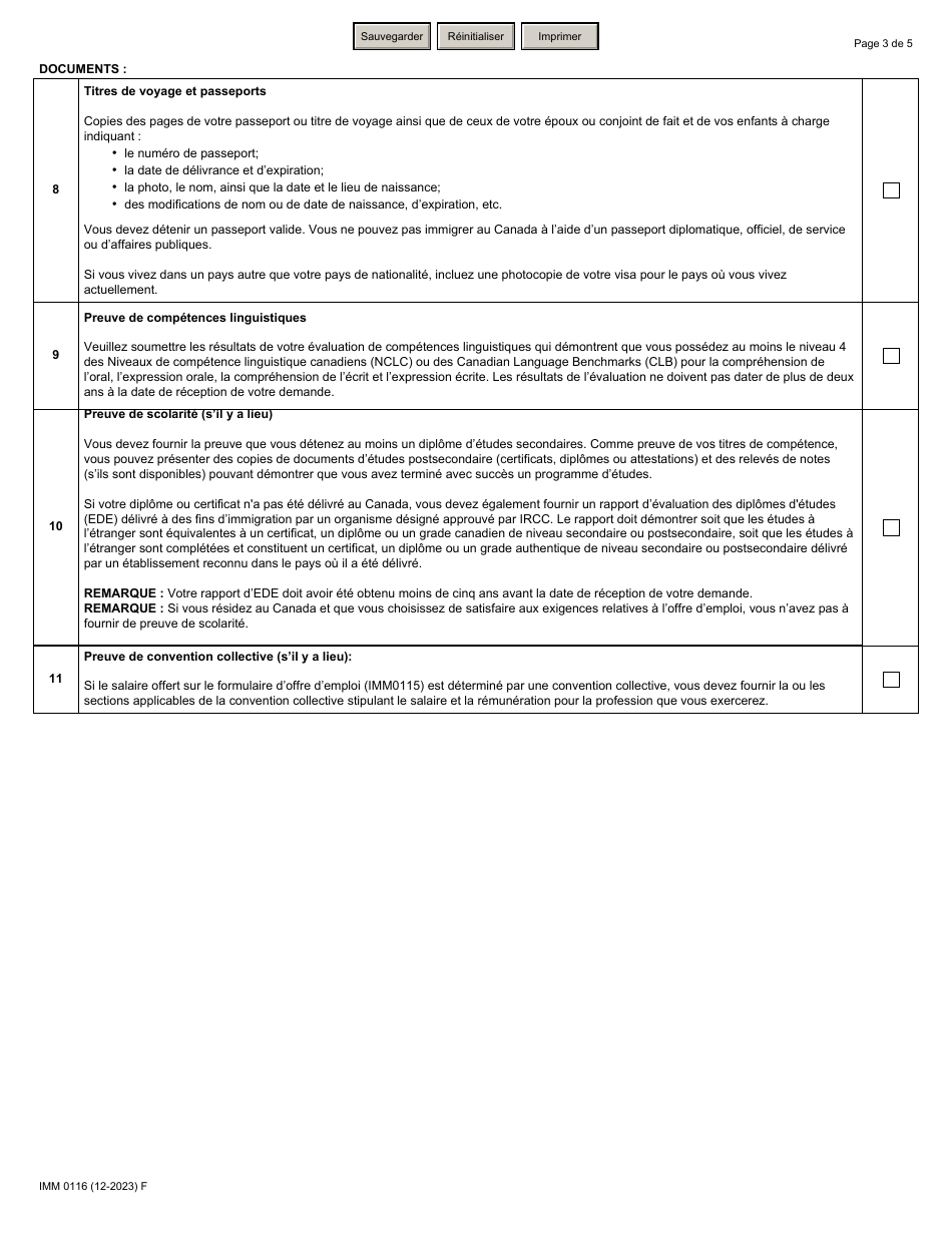 Forme IMM0116 Liste De Controle DES Documents Programme Pilote Sur Lagroalimentaire - Canada (French), Page 3