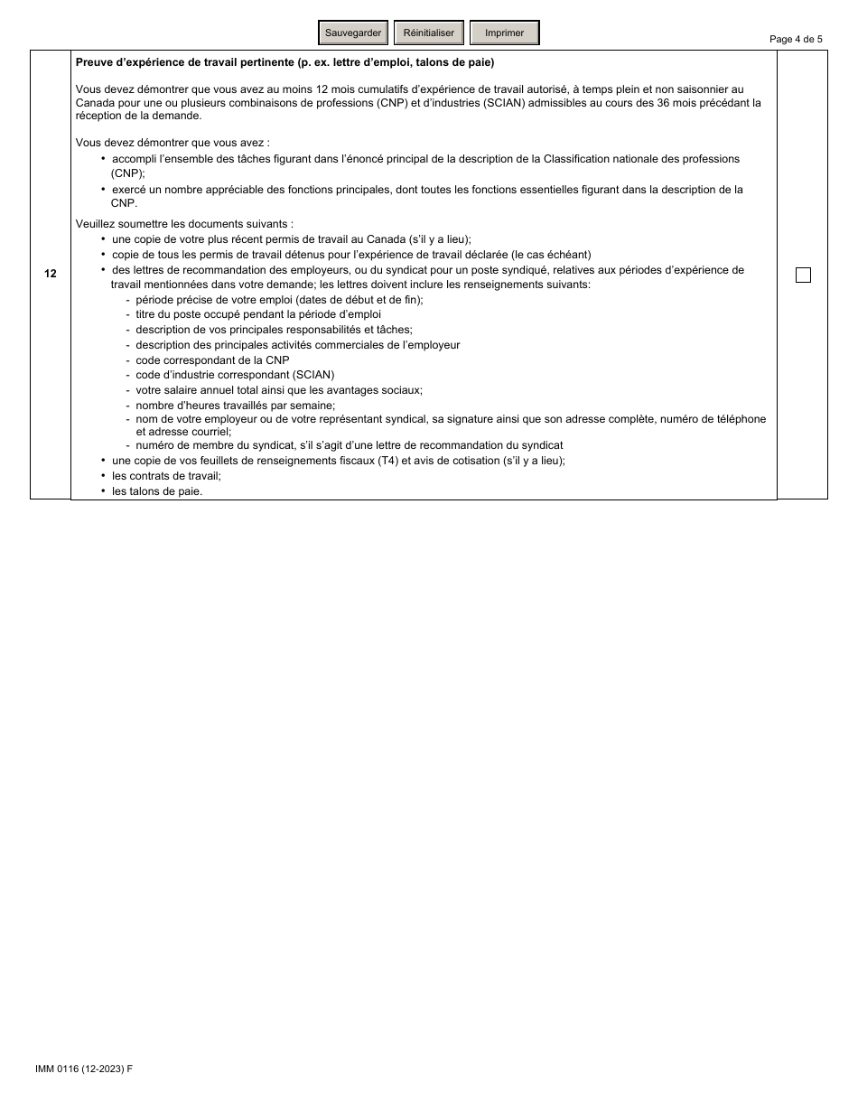 Forme IMM0116 Liste De Controle DES Documents Programme Pilote Sur Lagroalimentaire - Canada (French), Page 4