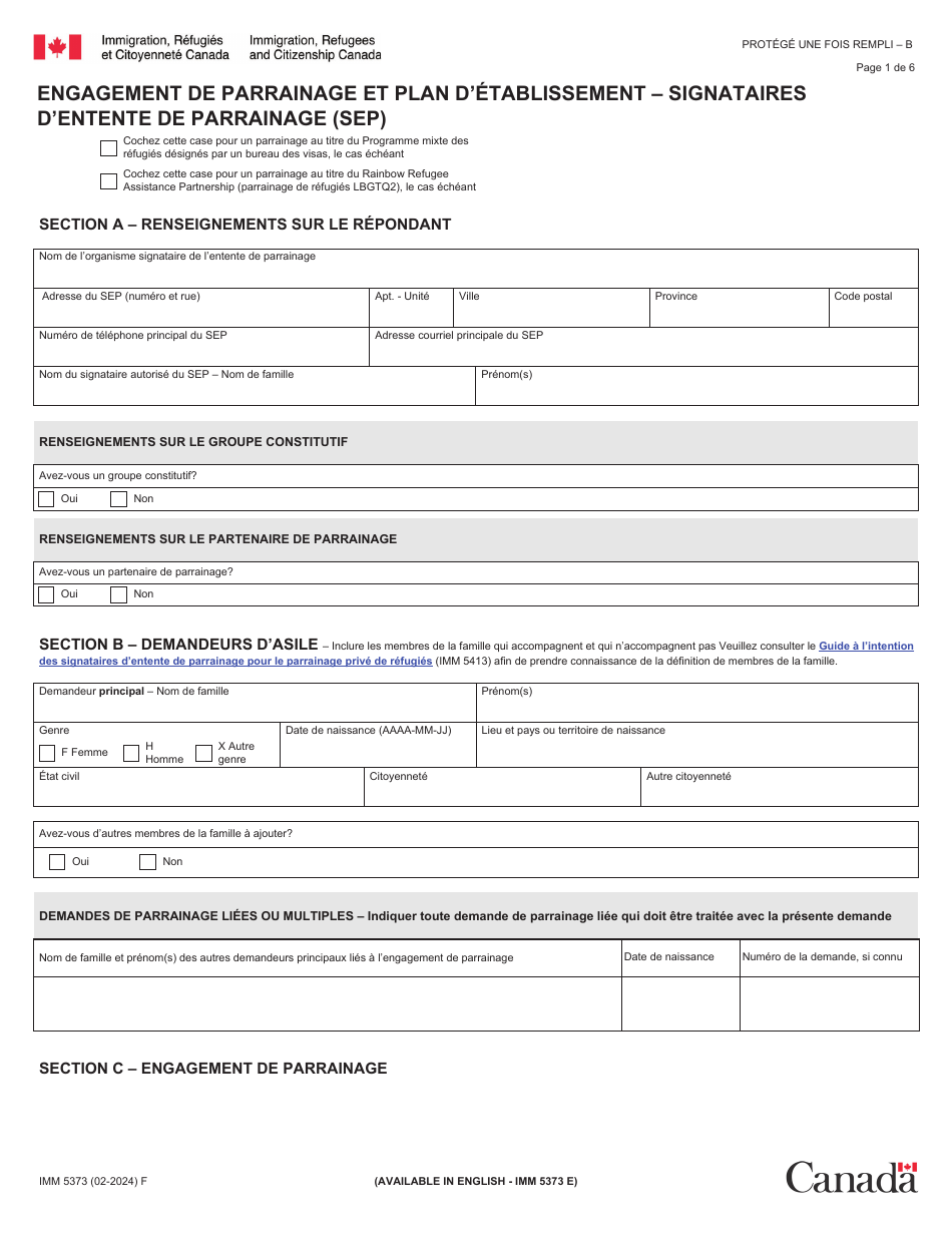 Forme IMM5373 Engagement De Parrainage Et Plan Detablissement - Signataires Dentente De Parrainage (Sep) - Canada (French), Page 1