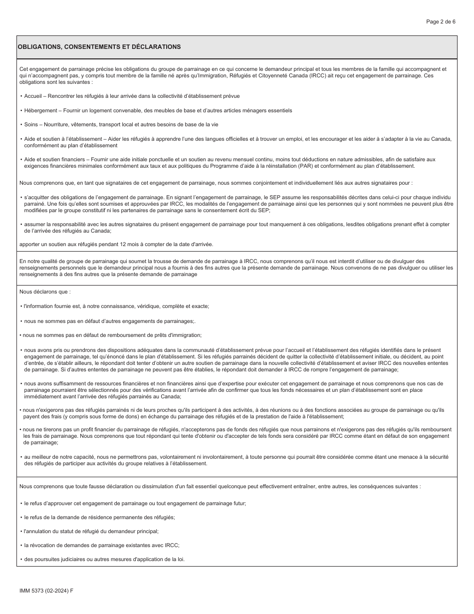 Forme IMM5373 Engagement De Parrainage Et Plan Detablissement - Signataires Dentente De Parrainage (Sep) - Canada (French), Page 2