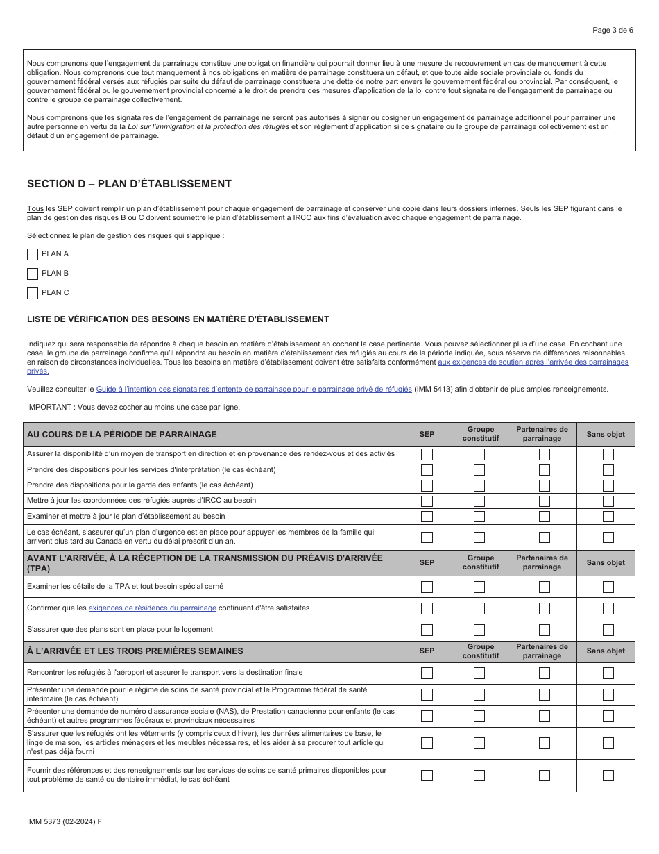 Forme IMM5373 Engagement De Parrainage Et Plan Detablissement - Signataires Dentente De Parrainage (Sep) - Canada (French), Page 3
