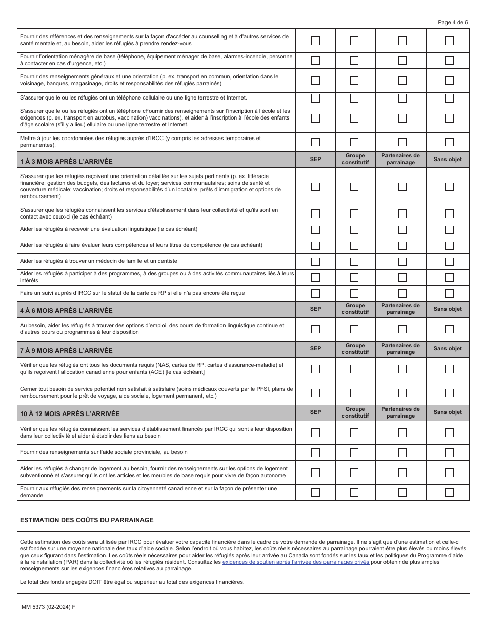 Forme IMM5373 Engagement De Parrainage Et Plan Detablissement - Signataires Dentente De Parrainage (Sep) - Canada (French), Page 4