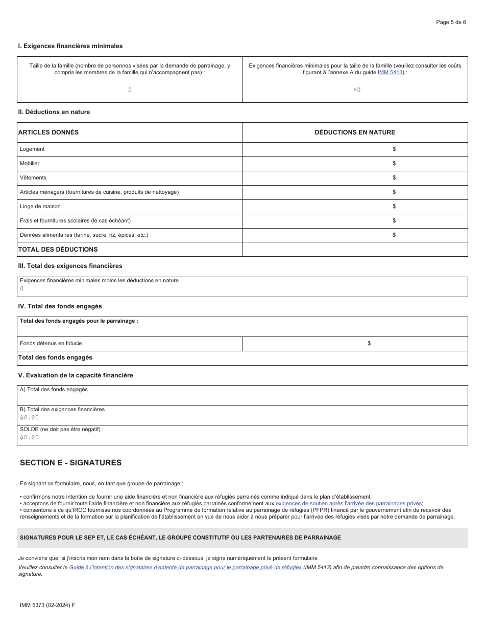 Forme IMM5373 Engagement De Parrainage Et Plan Detablissement - Signataires Dentente De Parrainage (Sep) - Canada (French), Page 5