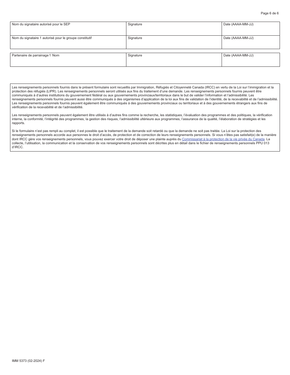 Forme IMM5373 Engagement De Parrainage Et Plan Detablissement - Signataires Dentente De Parrainage (Sep) - Canada (French), Page 6