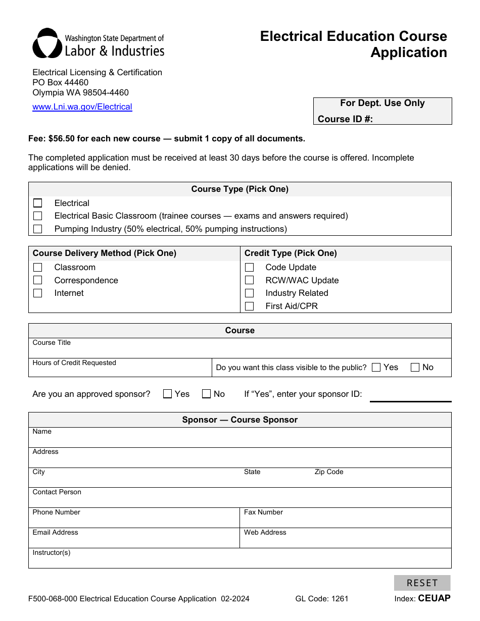 Form F500-068-000 Electrical Education Course Application - Washington, Page 1
