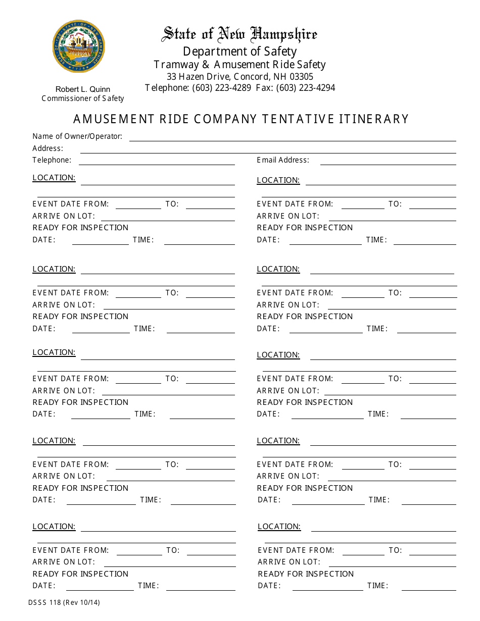 Form DSSS118 Amusement Ride Company Tentative Itinerary - New Hampshire, Page 1