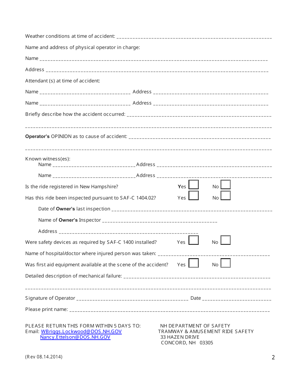 Form DSCO3 Amusement Ride Accident Report - New Hampshire, Page 2