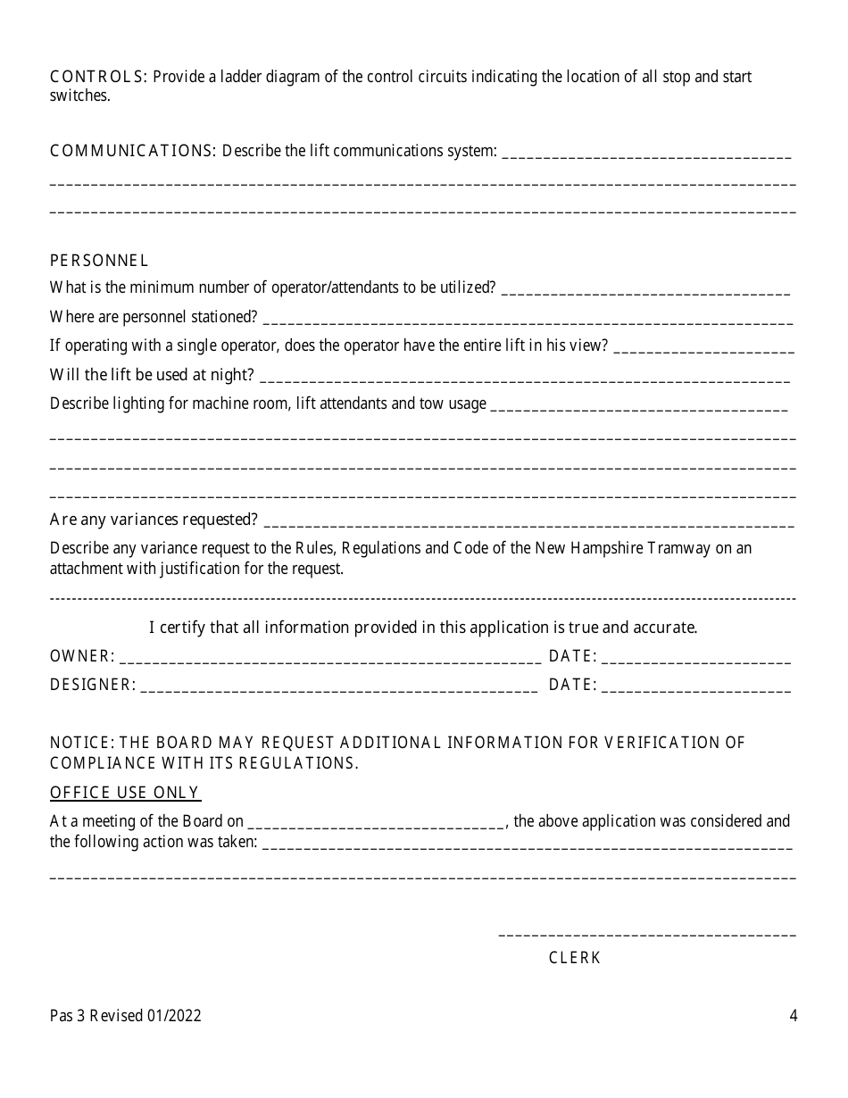 Form Pas3 Application for New Construction, Alteration in Length, Relocation and / or Modification and Registration of T-Bar, J-Bar, Platterpull, Chairlift, Aerial Tramway or Gondola - New Hampshire, Page 4