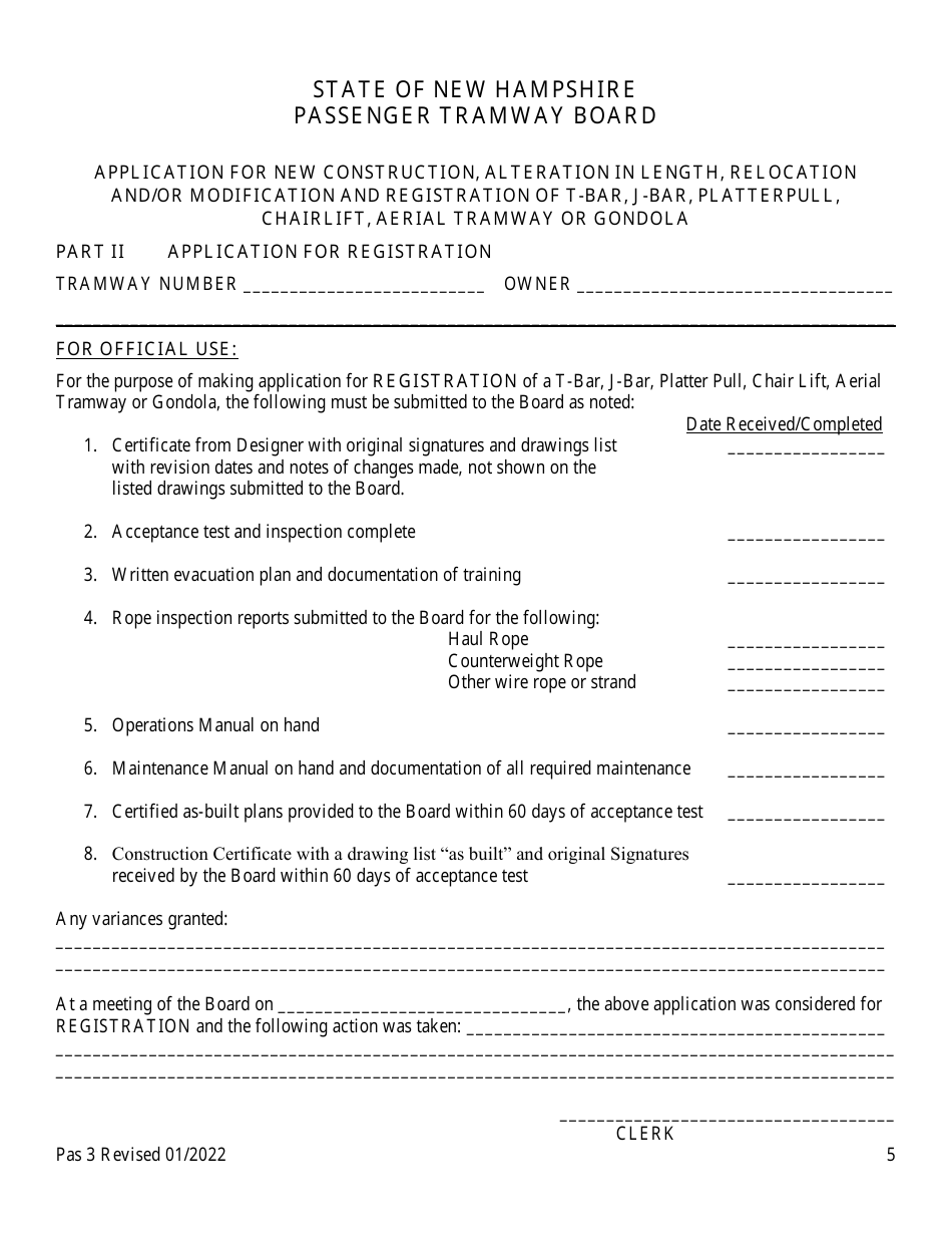 Form Pas3 Application for New Construction, Alteration in Length, Relocation and / or Modification and Registration of T-Bar, J-Bar, Platterpull, Chairlift, Aerial Tramway or Gondola - New Hampshire, Page 5