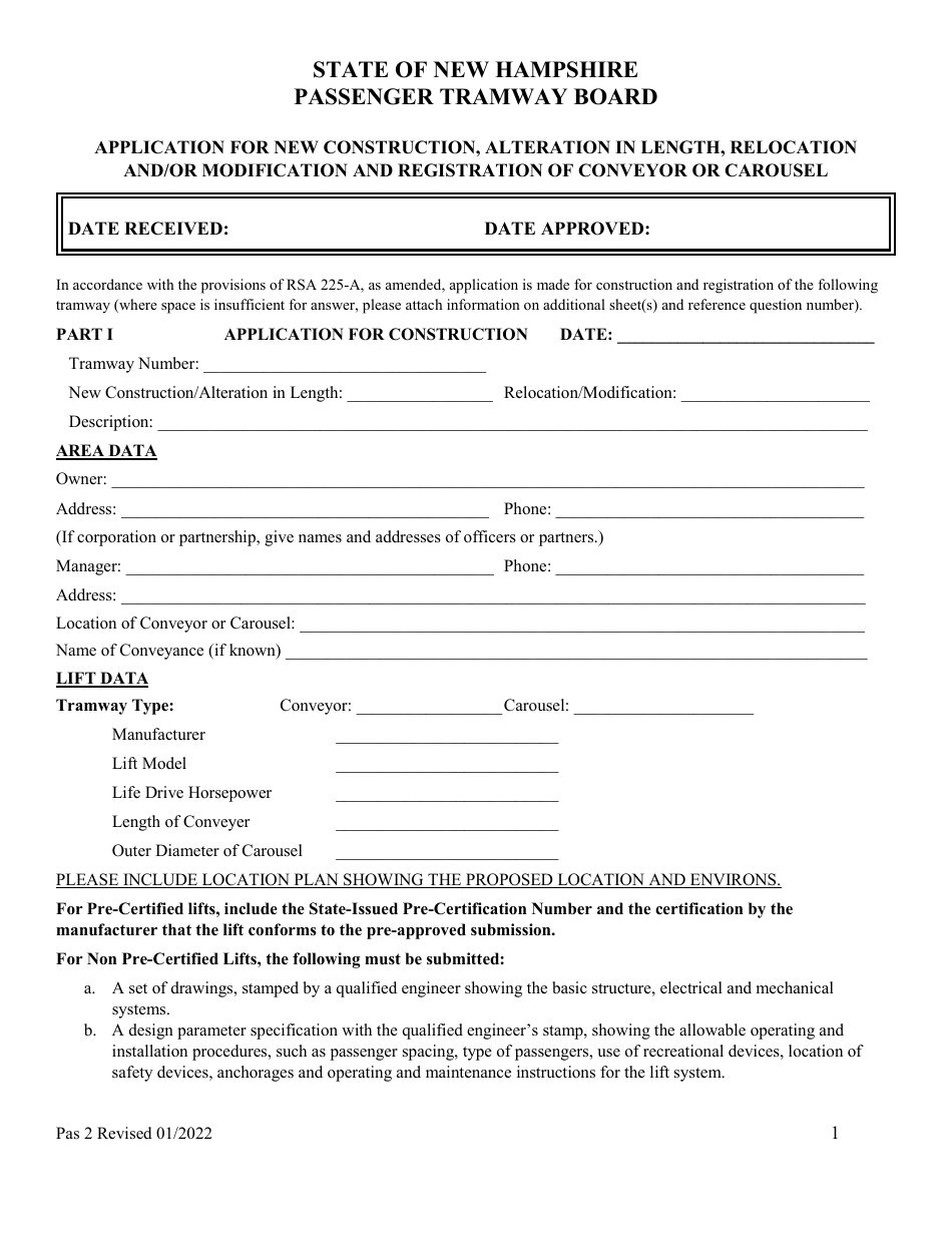 Form Pas2 Application for New Construction, Alteration in Length, Relocation and / or Modification and Registration of Conveyor or Carousel - New Hampshire, Page 1