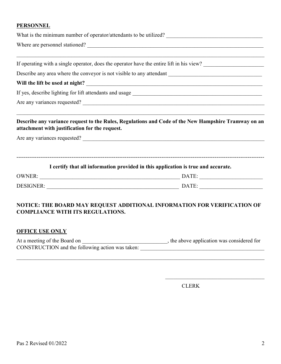 Form Pas2 Application for New Construction, Alteration in Length, Relocation and / or Modification and Registration of Conveyor or Carousel - New Hampshire, Page 2