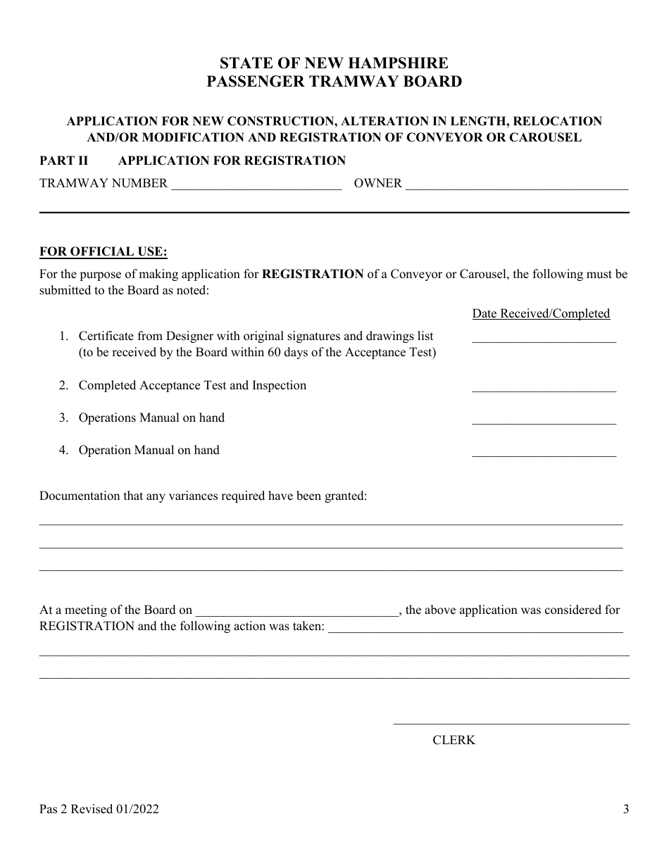 Form Pas2 Application for New Construction, Alteration in Length, Relocation and / or Modification and Registration of Conveyor or Carousel - New Hampshire, Page 3