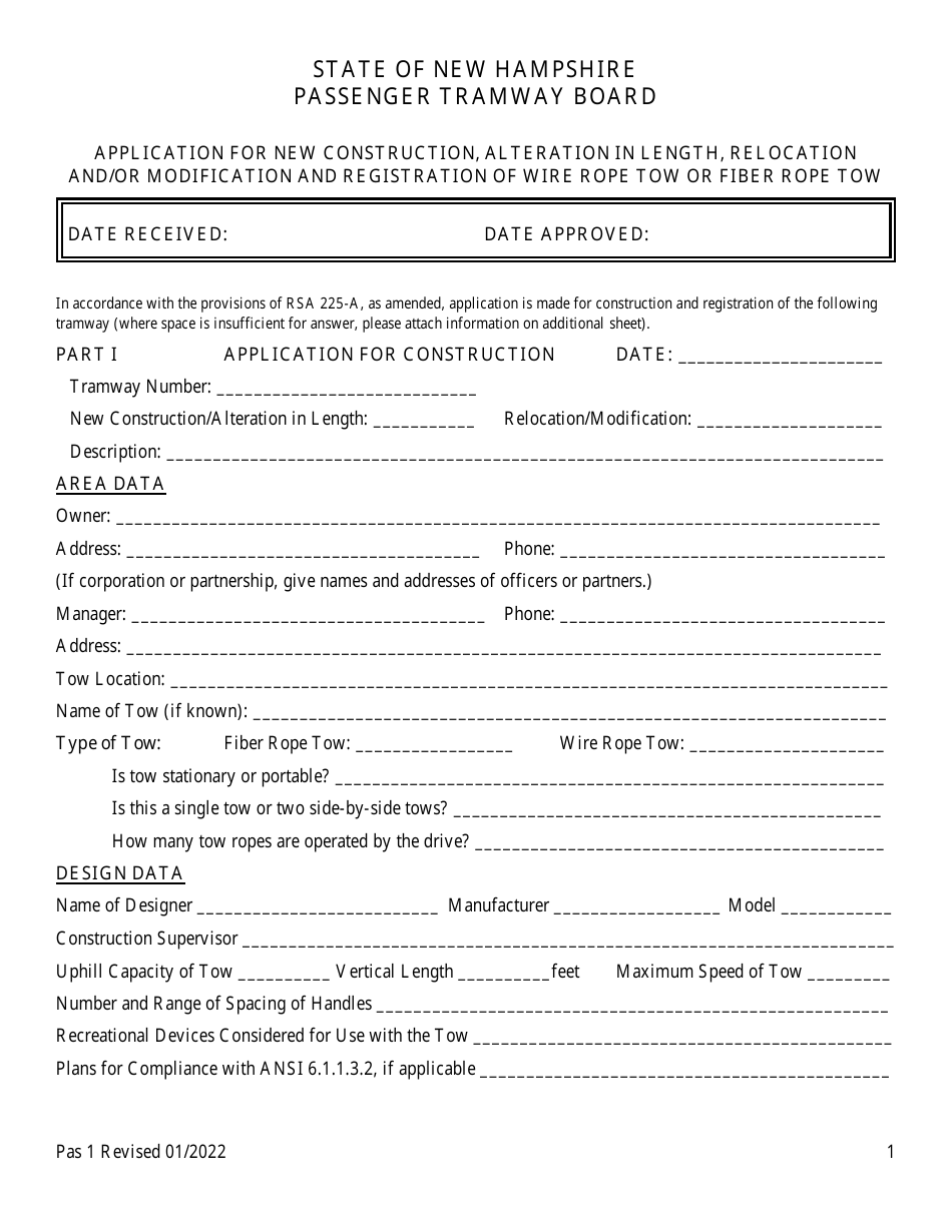 Form Pas1 Application for New Construction, Alteration in Length, Relocation and / or Modification and Registration of Wire Rope Tow or Fiber Rope Tow - New Hampshire, Page 1