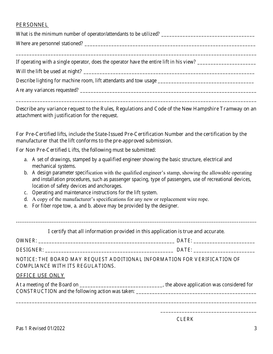 Form Pas1 Application for New Construction, Alteration in Length, Relocation and / or Modification and Registration of Wire Rope Tow or Fiber Rope Tow - New Hampshire, Page 3