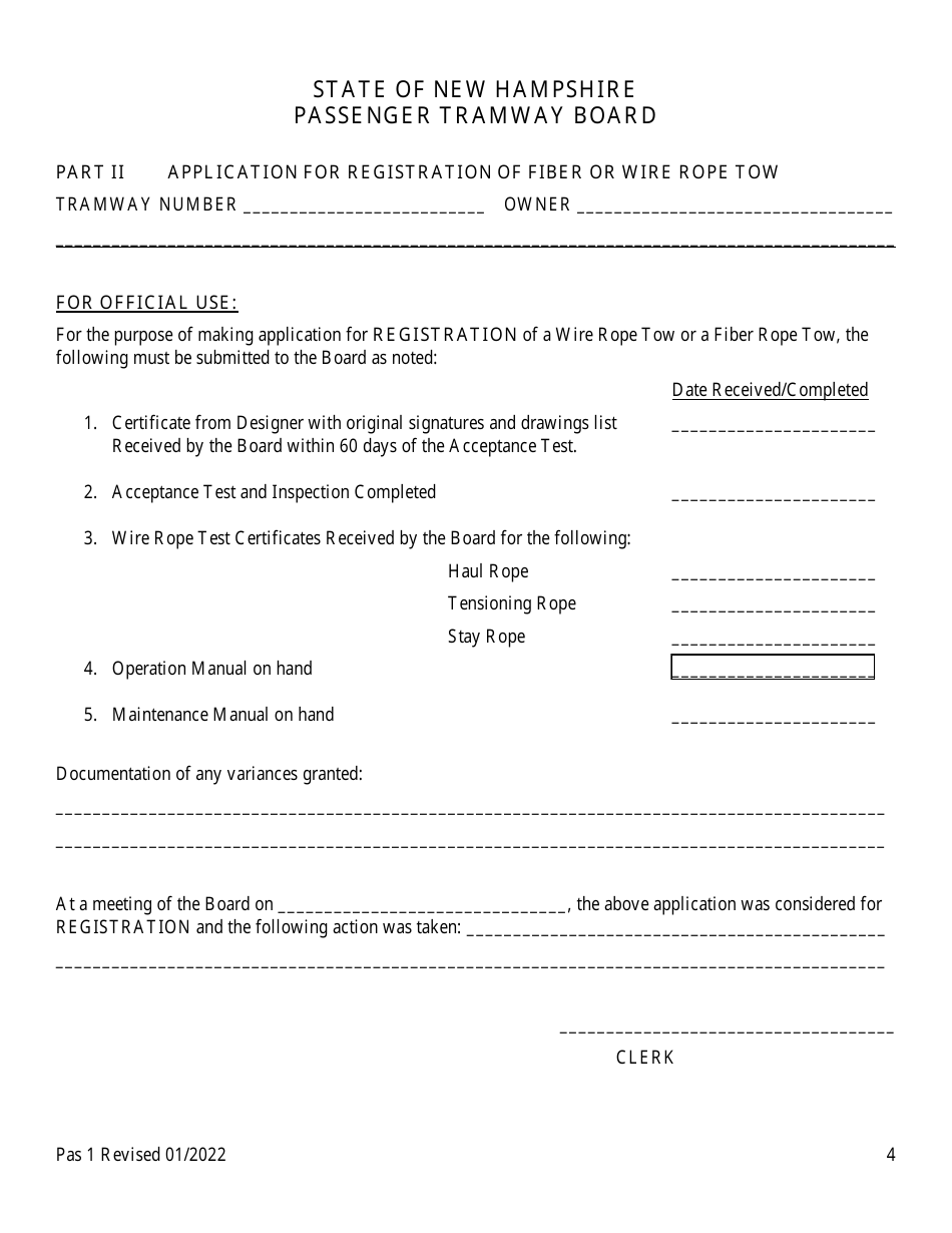 Form Pas1 Application for New Construction, Alteration in Length, Relocation and / or Modification and Registration of Wire Rope Tow or Fiber Rope Tow - New Hampshire, Page 4