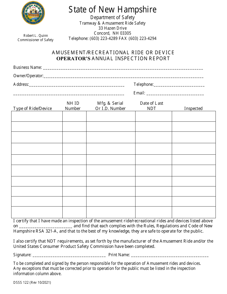 Form DSSS122 Amusement / Recreational Ride or Device Operators Annual Inspection Report - New Hampshire, Page 1