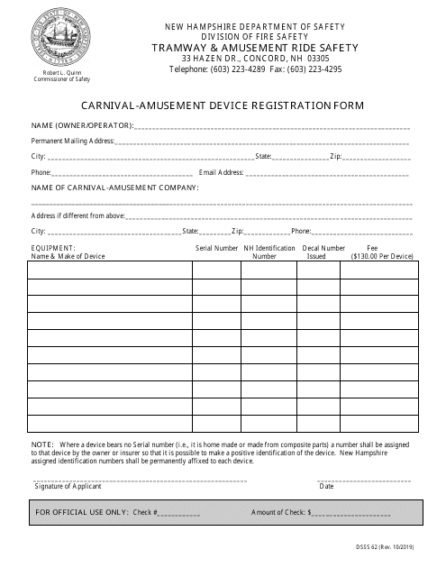 Form DSSS62 Carnival-Amusement Device Registration Form - New Hampshire