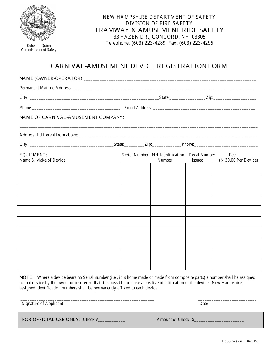 Form DSSS62 Carnival-Amusement Device Registration Form - New Hampshire, Page 1