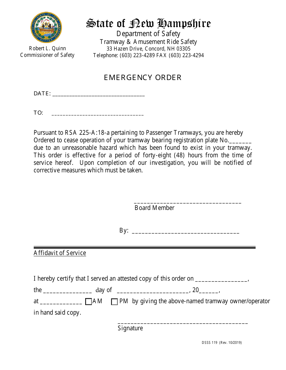 Form DSSS119 Emergency Order - New Hampshire, Page 1