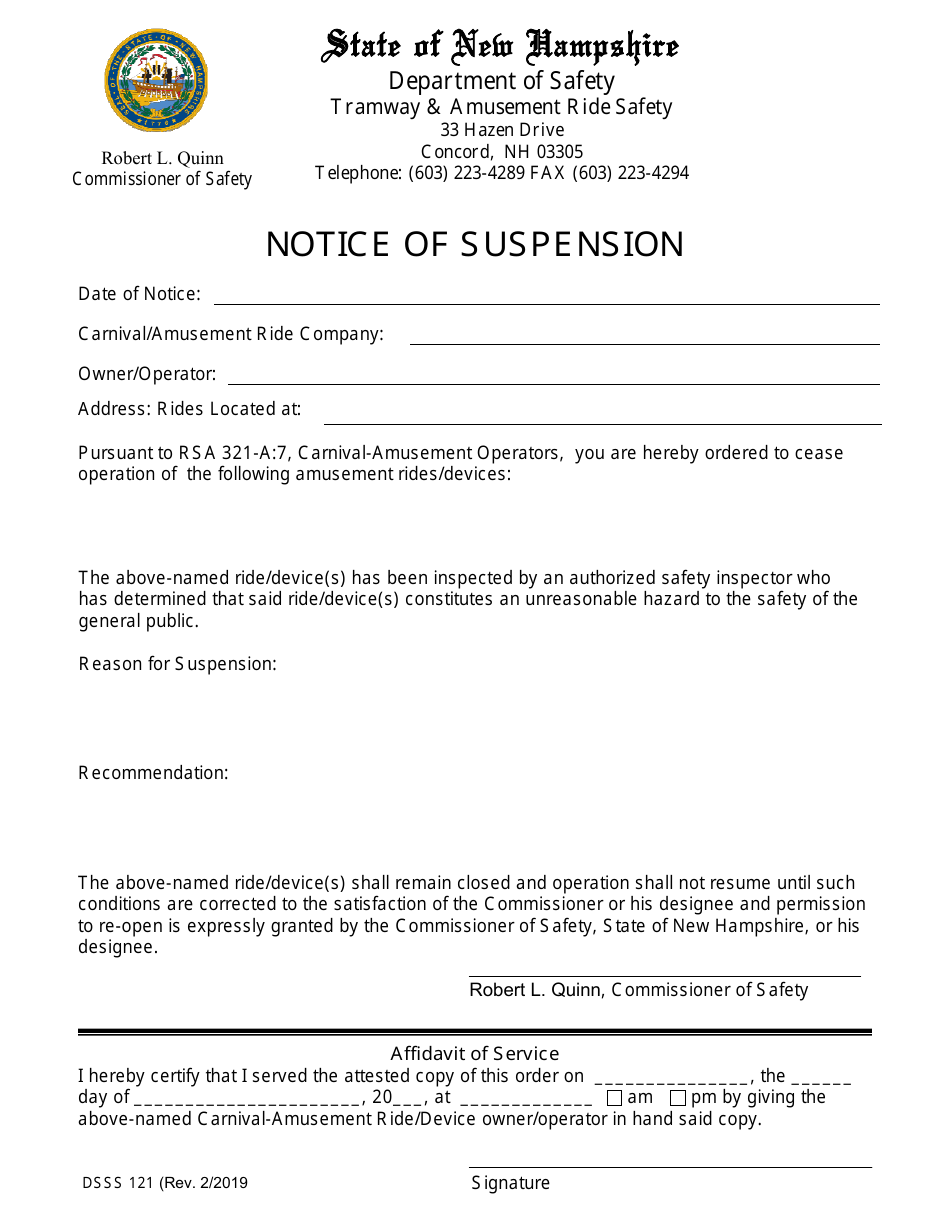 Form DSSS121 Notice of Suspension - New Hampshire, Page 1