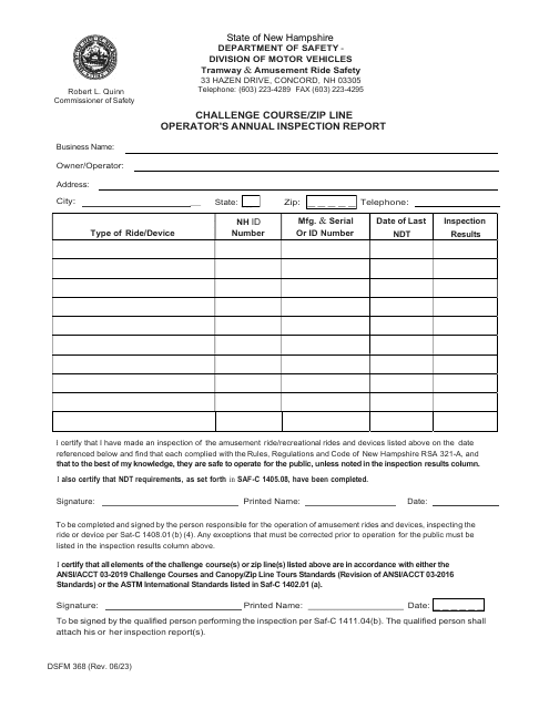Form DSFM368 Challenge Course/Zip Line Operator's Annual Inspection Report - New Hampshire