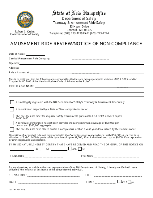 Form DSSS64 Amusement Ride Review/Notice of Non-compliance - New Hampshire