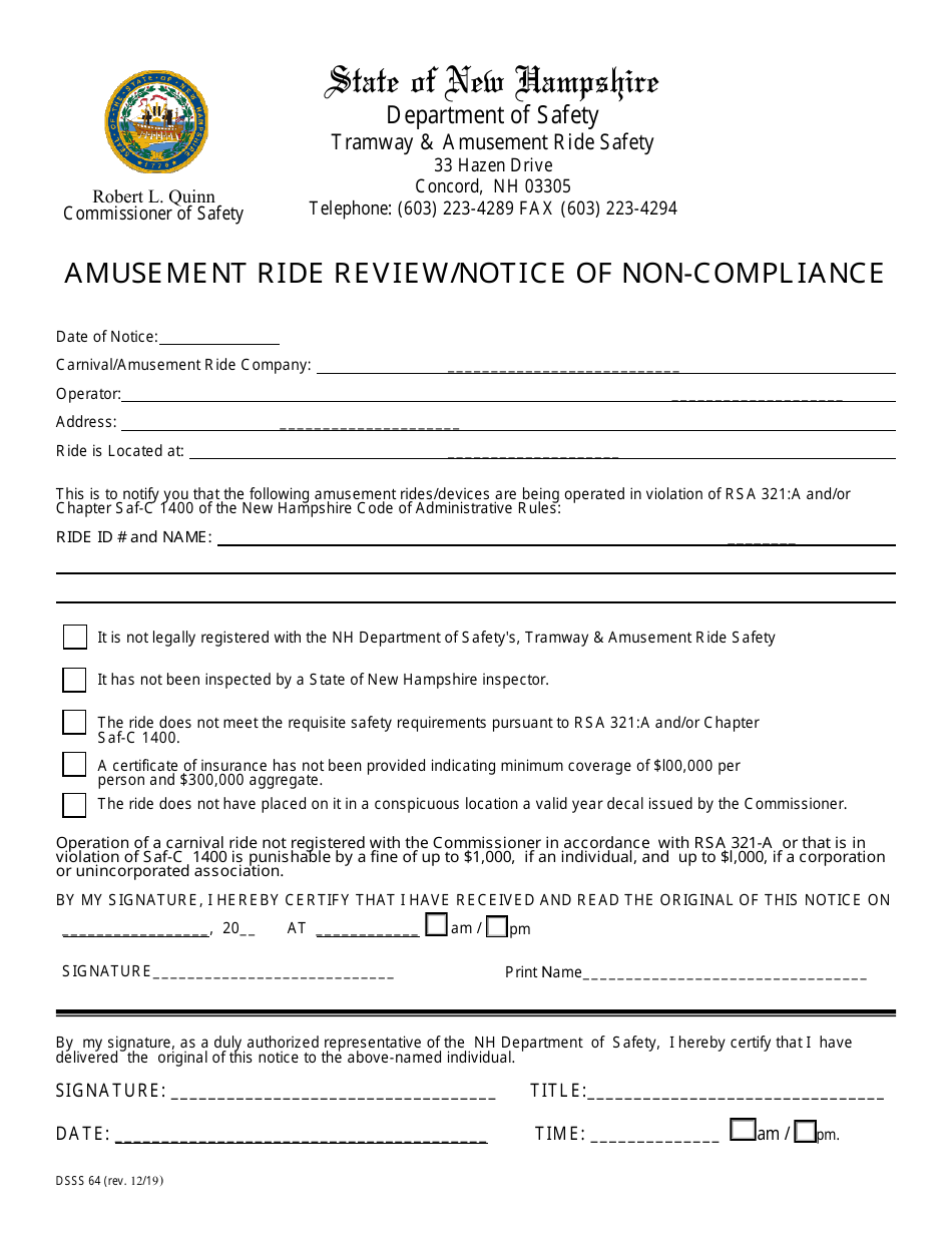 Form DSSS64 Amusement Ride Review / Notice of Non-compliance - New Hampshire, Page 1