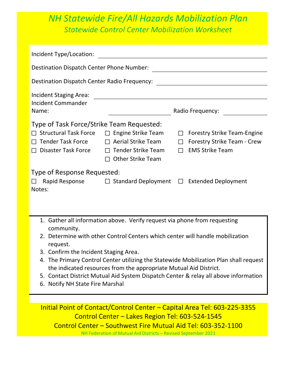Nh Statewide Fire / All Hazards Mobilization Plan Worksheets - New Hampshire, Page 3