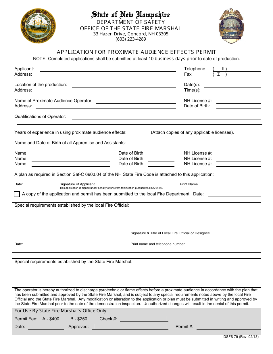 Form DSFS79 Application for Proximate Audience Effects Permit - New Hampshire, Page 1
