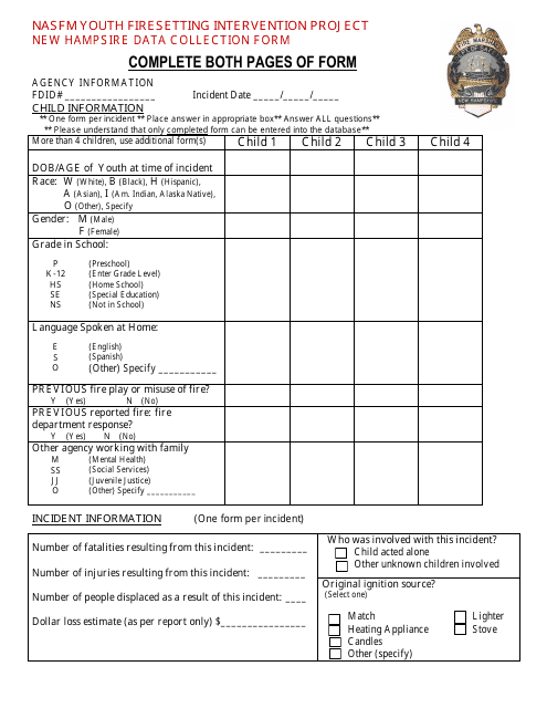 New Hampsire Data Collection Form - Nasfm Youth Firesetting Intervention Project - New Hampshire Download Pdf