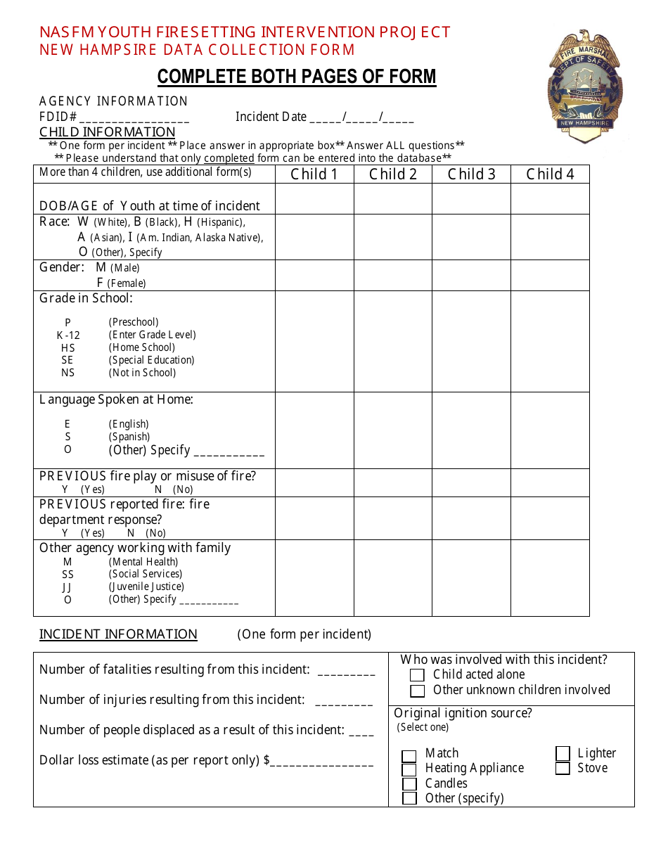 New Hampsire Data Collection Form - Nasfm Youth Firesetting Intervention Project - New Hampshire, Page 1