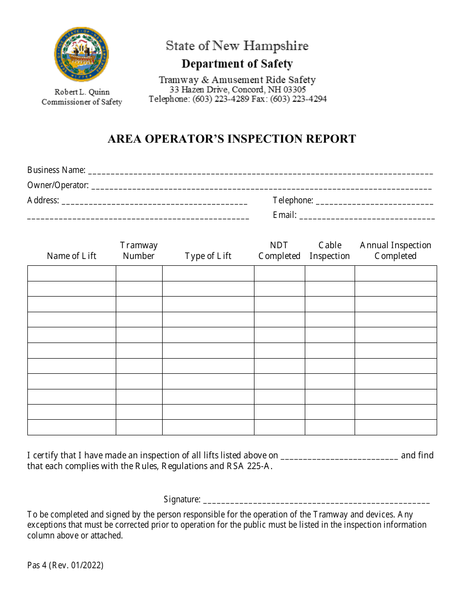 Form Pas4 Area Operators Inspection Report - New Hampshire, Page 1