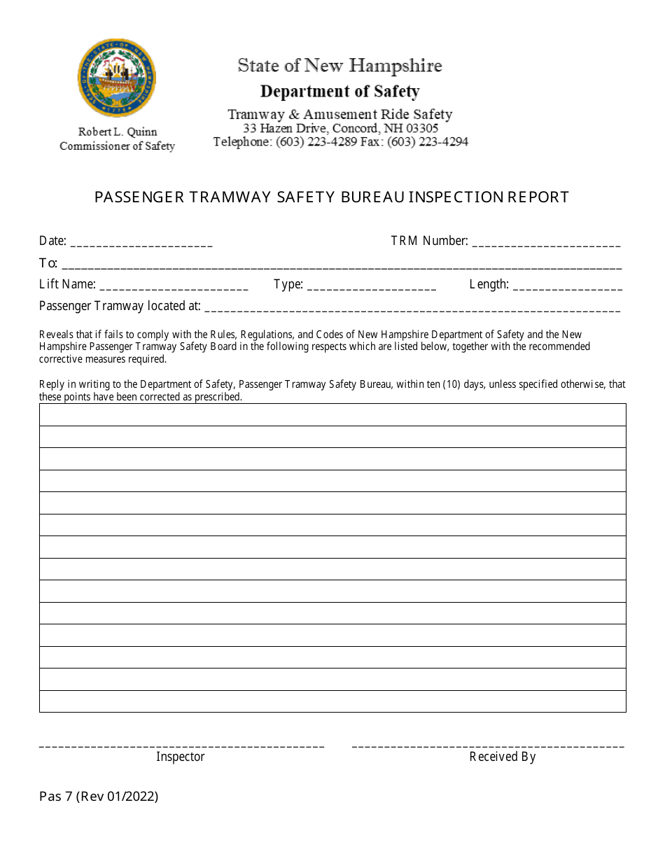 Form Pas7 Passenger Tramway Safety Bureau Inspection Report - New Hampshire, Page 1