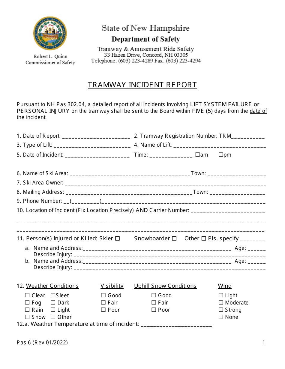 Form Pas6 Tramway Incident Report - New Hampshire, Page 1