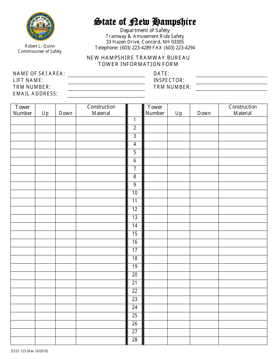 Form DSSS123 Tower Information Form - New Hampshire, Page 1