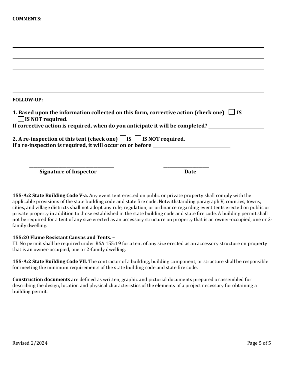 Tent Inspection Checklist - New Hampshire, Page 5